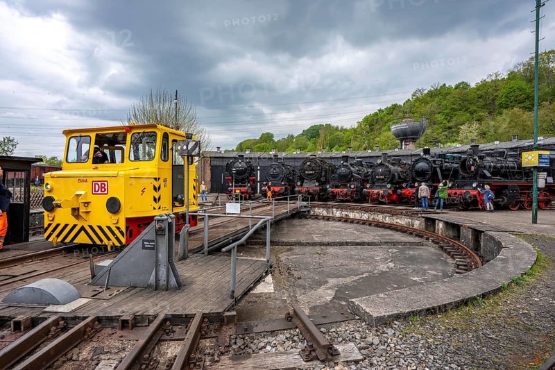 Ring locomotive shed with many historic steam locomotives in the Bochum Railway Museum, Emma shunting locomotive, with many attractions such as steam locomotive rides, 3 locomotives are under steam, historic trains make round trips through the Ruhr Valley, many locomotives are on display, on the site of the former Dahlhausen railway depot, North Rhine-Westphalia, Germany