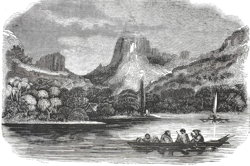 Engraving from 1847 shows the Bay of Eymo in Tahiti, the residence of Queen Pomare, the time when the islands were taken over by France, illustration, reproduction from a model from the 19th century. Authentic, file restored for optimal use, exact date of submission unknown, historical