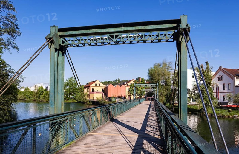 River Enns, museum footbridge with Museum Arbeitswelt, Steyr, Traunviertel, Upper Austria, Austria