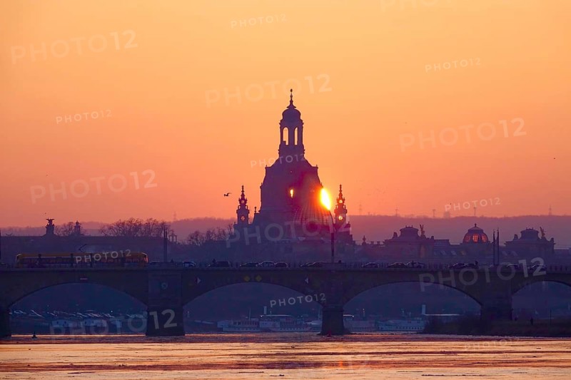 View of Church of Our Lady Dresden across the Elbe, sunset, winter, Saxony, Germany
