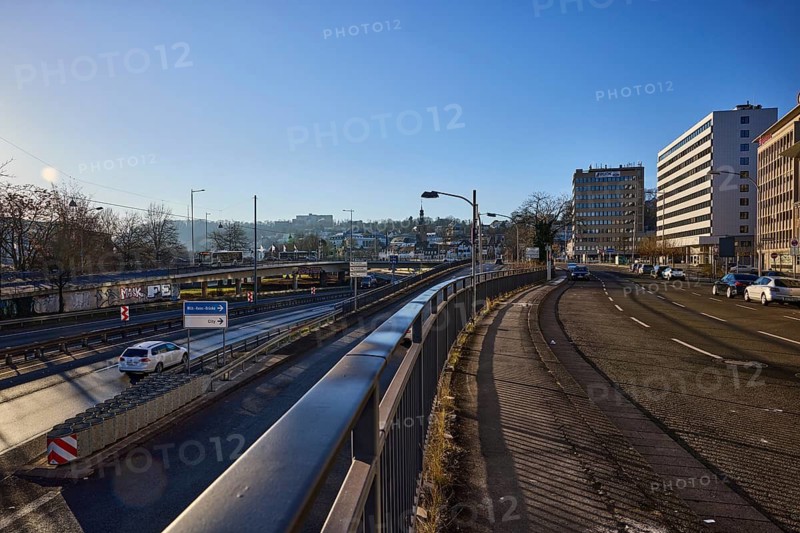 Street, general architecture, metal railings, lanterns, vehicles, trees, backlight, motorway A620, Saaruferstraße, Saarbrücken, state capital, regional association Saarbrücken, Saarland, Germany