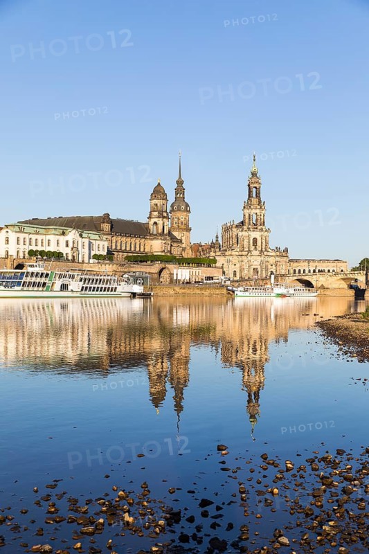City view with reflection in the Elbe, steamer of the Saxon Steamship Company, Sekundogenitur, Ständehaus, Hausmannsturm, Hofkirche, Dresden, Saxony, Germany