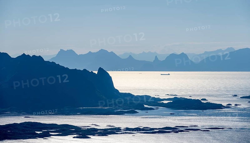 Mountain peak and fjord Austensfjorden, fjord landscape and sea, view from the summit of Rundfjellet, Nordland, Norway