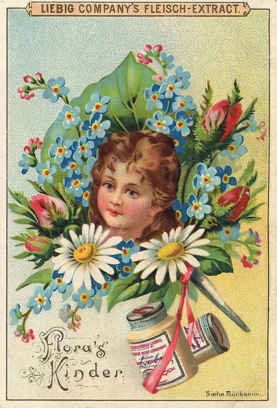 Picture series Flora's children, portrait of a child surrounded by blossoms and flowers, Liebig picture, digitally restored reproduction of a collector's picture from around 1900, public domain, exact date unknown, illustration of a girl surrounded by a lively bouquet of flowers