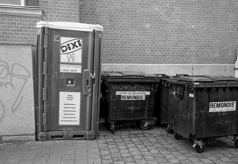 Waste container and Dixi toilet, recycling, raw material, glass, container, recycling, resources, environment, graffiti, toilet, b/w photo, black and white, Leipzig, Saxony, Germany