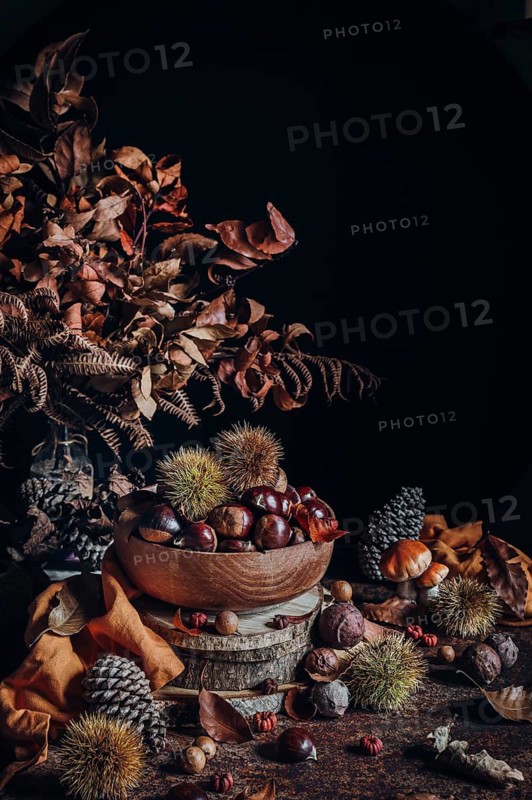 A beautifully arranged autumn scene featuring a bowl of chestnuts, surrounded by dried leaves, pine cones, and rustic wooden elements, creating a warm, seasonal atmosphere