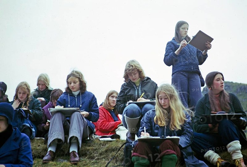 Secondary school girls doing fieldwork in geography, Great Britain 1970s Girls doing fieldwork, making observations and sketches 1973