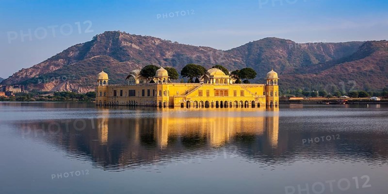 Panorama of Rajasthan landmark, Jal Mahal (Water Palace) on Man Sagar Lake on sunset. Jaipur, Rajasthan, India