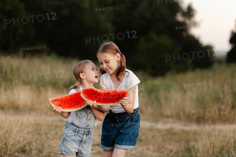 Two young children share a joyful moment holding large watermelon slices on a warm summer day. Their happiness and seasonal enjoyment are palpable in the sunny outdoor setting