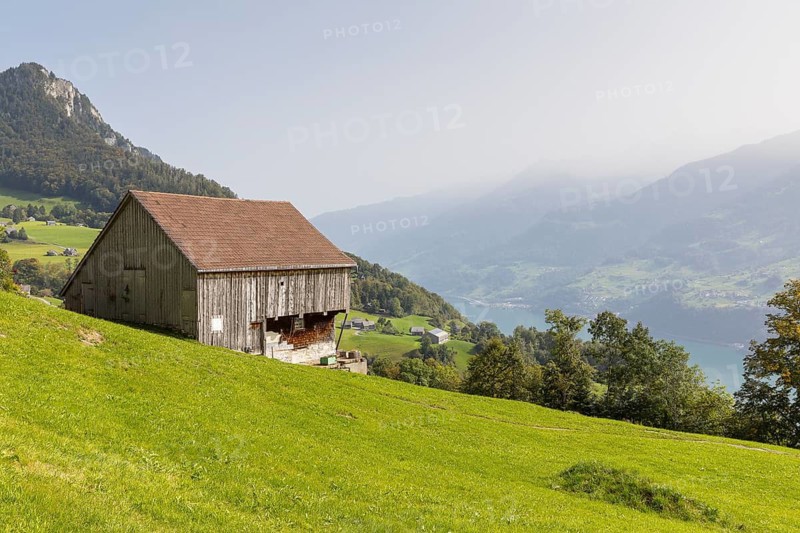 Barn in Amden, Chapf on the left, Lake Walen below, St. Gallen, Switzerland