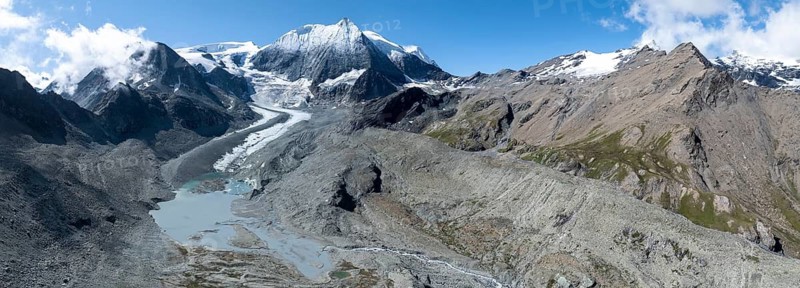 Aerial view, Alpine panorama, mountain landscape with glacier tongue and glacier lake, Glacier de Cheilon and summit Mont Blanc de Cheilon, Valais, Western Alps, Switzerland