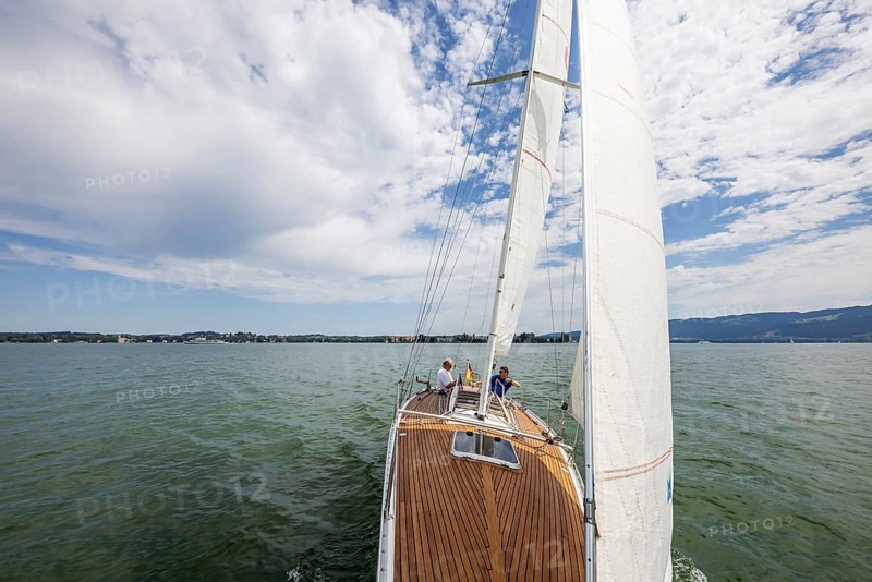 Sailing yacht underway on Lake Constance. Immenstaad, Baden-Württemberg, Germany