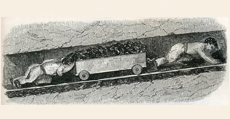 Hurriers in a coal mine in Lancashire. A hurrier, also known as a coal pusher or coal pusher, was a child or woman employed by a miner in the 19th century to transport the mined coal. From the Cyclopaedia of Useful Arts and Manufactures by Charles Tomlinson, digital reproduction of a historical model