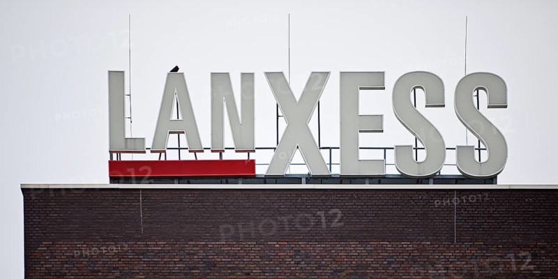 Lanxess company logo on a production facility in Leverkusen, Bergisches Land, North Rhine-Westphalia, Germany