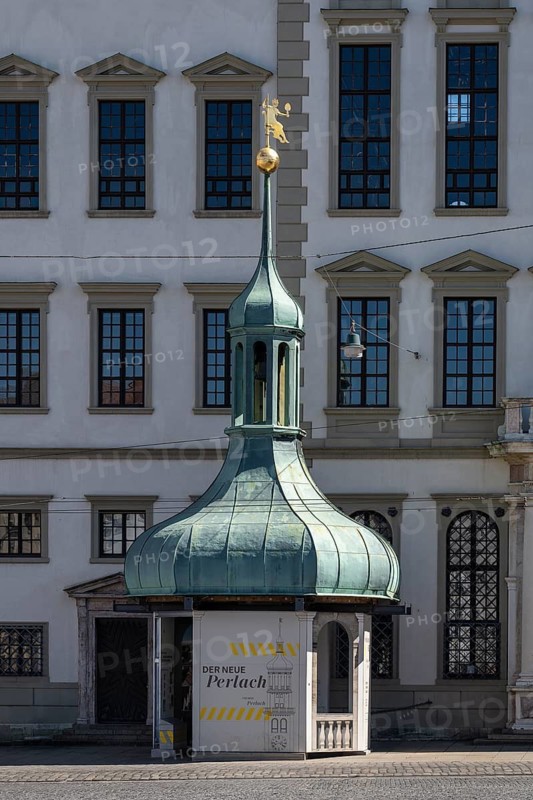 The 13-ton tower bulb of the Augsburg Perlach Tower sits enthroned as a central element of a temporary information pavilion for ongoing renovation on Town Hall Square, Rathausplatz, Rathausplatz, Augsburg, Swabia, Bavaria, Germany