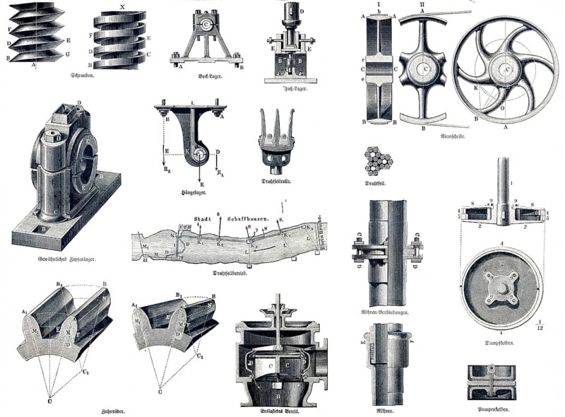 Machine gauge, simple machine parts, screws, bracket bearings, foot bearings, ordinary pin bearing, wire rope reel, wire rope, belt, tube connections, steam pistons, gears, relieved valve, tubes, pump pistons, map of the wire rope company in Schaffhausen, Rhine, individual parts, metal, use, inventions, gear, application, operation, mechanics, craft, Economy, Industry, Use, Invention, Use, Daily Use, Historical Illustration 1891