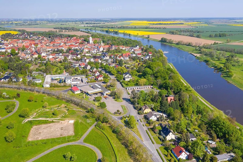 Aerial view of Belgern with St Bartholomew's Church, Elbe river and ferry, Belgern-Schildau, Saxony, Germany