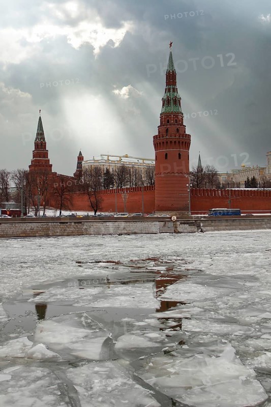 Moscow river frozen in the cold winter of the city of Moscow next to the Kremblin, Russia