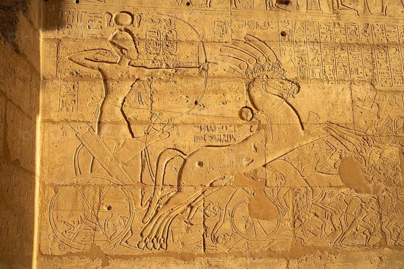 Relief with Pharaoh Ramesses II on his chariot at the Battle of Kadesh, Ramesseum, mortuary temple of Ramesses II in the Theban necropolis near Luxor, Egypt