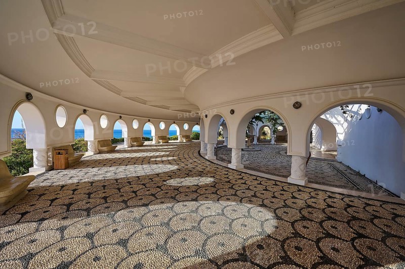 Interior of a circular building with open arches and a view of the sea, the floor is artfully tiled, thermal springs, thermal baths, thermal baths of Kallithea, Kallithea, Rhodes, Dodecanese, Greek Islands, Greece