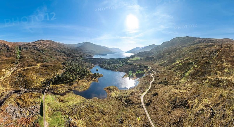 Panorama aerial photo of Loch Sealbhanach and Loch Mullardoc, a water reservoir with hydro electric power station in a side Valley of Glen Affric in the highlands of northern Scotland, UK