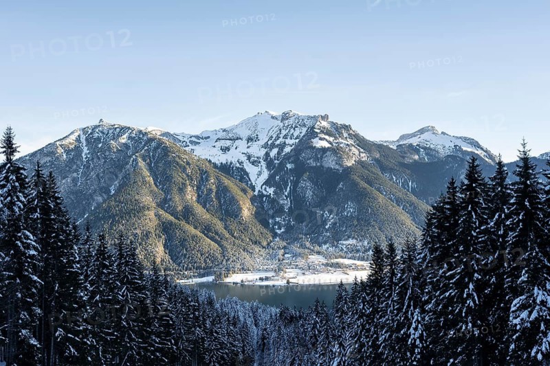View of Achensee and Rofan Mountains in winter, Achensee, Tyrol, Austria