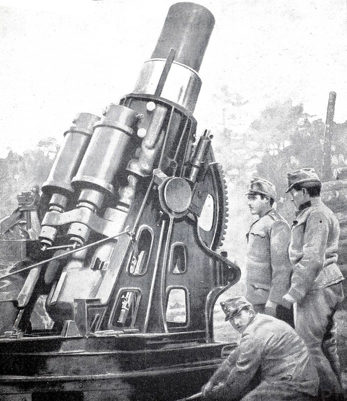 First World War, 30, 5 cm Austrian army howitzer in position, 1914, illustration, reproduction from a model from the 19th century. Authentic, file restored for optimal use, exact date of original unknown, historical, soldiers operate a large gun in a military scene