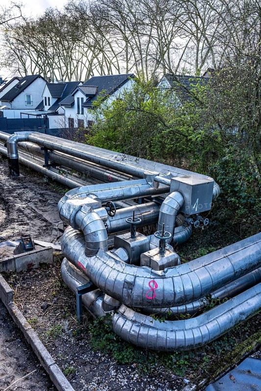 District heating pipeline from UNIPER coal-fired power plant Datteln 4, cogeneration, generation of electricity and district heating, district heating lines, transport district heating via a district heating line to Recklinghausen, providing district heating to over 100, 000 households in Datteln and Recklinghausen, North Rhine-Westphalia, Germany