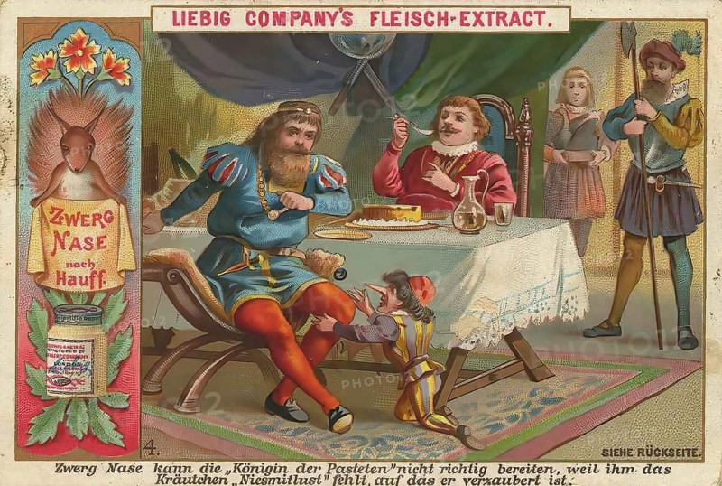 Picture series Dwarf Nose, 4, Dwarf Nade cannot properly prepare the Queen of Pies because he lacks the herb Niesmitlust, on which he is enchanted, Liebig picture, digitally restored reproduction of a collector's picture from around 1900, public domain, exact date unknown, scene of a feast with a knight and a queen in a medieval setting