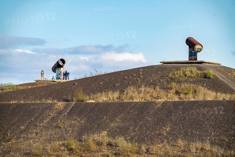 Rungenberg spoil tip in the Buer district, Night Sign light installation, Gelsenkirchen, North Rhine-Westphalia, Germany