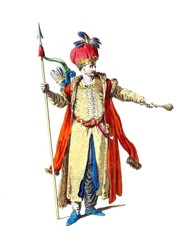 Historical clothing, fashion over time, clothing of the Tartar prince, Tatars, a Turkic-speaking people who live mainly in the Russian Federation, especially in the republics of Tatarstan and Bashkortostan, 1700, digitally restored reproduction of a model from the 18th/19th century, exact date unknown, oriental figure with staff, red turban and yellow robe