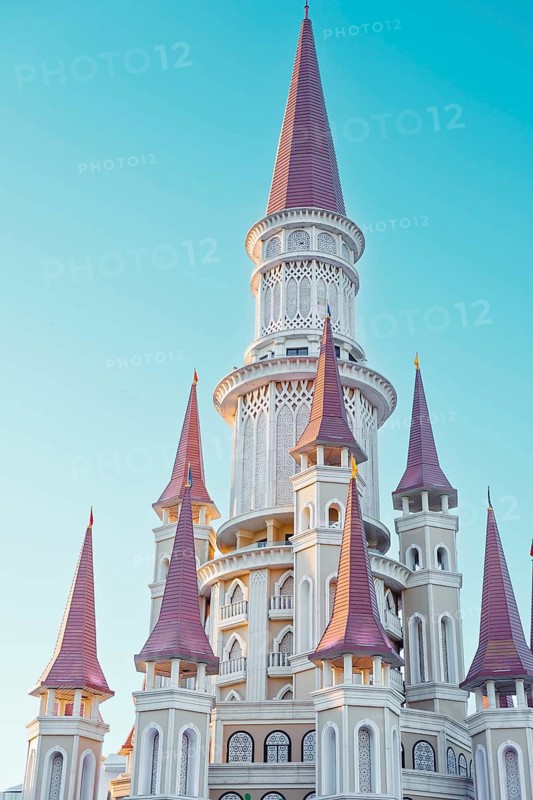 Turkeys historical and touristic city antalya, shopping and water park center. Fairy-tale castel with pink roofs on blue sky background