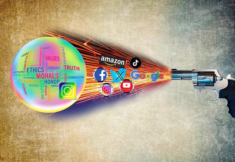 Symbolic image, ethics, ethos, moral values according to Imanuel Kant, Silicon Valley tech companies, subservience, antisocial networks, X-Twitter, Elon Musk, TikTok, Instagram, Facebook, Apple, Meta, Amazon, fake news, freedom, individuality, group, Donald Trump, revenge, humanity, press freedom, journalism, journalists, politics, dissenters, fundamental and freedoms, constitution, against autocracy, democracy, form of government, freedom of opinion, future, security, dictatorship, oppression, arbitrariness, attack on dissenters, open life, Germany, Europe, USA, world
