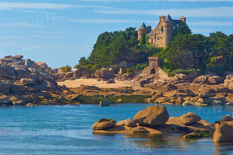 Costaeres Castle on the island of Costaeres, Tregastel, Ploumanach, Cote De Granit Rose, Cotes-d Armor department, Bretange, France