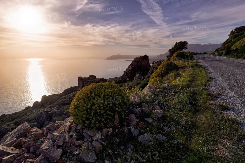 Striking rocky coast, evening sun, backlight, Messinian Gulf, Ionian Sea, Mani, Greece