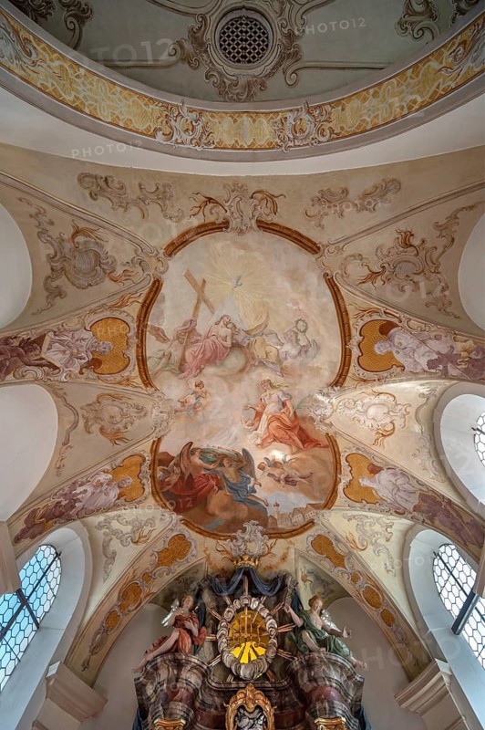 Ceiling frescoes of St Laurentius and Agatha Church, Frankenhofen, Kaltental, Ostallgäu, Bavaria, Germany