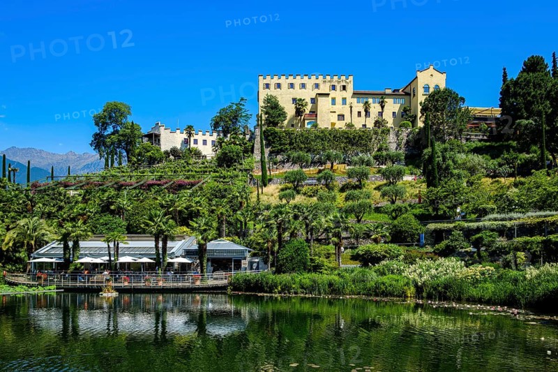 Trauttmansdorff Castle, home of the South Tyrolean State Museum of Tourism, with botanical garden of the city of Merano, Burggrafenamt, South Tyrol, Italy, for editorial use only