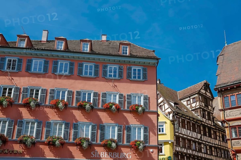 Historic old town, market square, houses, Silberburg lettering, flower decorations, shutters, half-timbered house, town hall on the right, university town, Tübingen, Baden-Württemberg, Germany