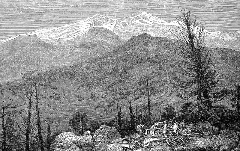 Longs Peak, at 4345 one of the 54 Fourteeners in the Rocky Mountains in the territory of the US state of Colorado, America, in 1880, Historical, digital reproduction of an original from the 19th century