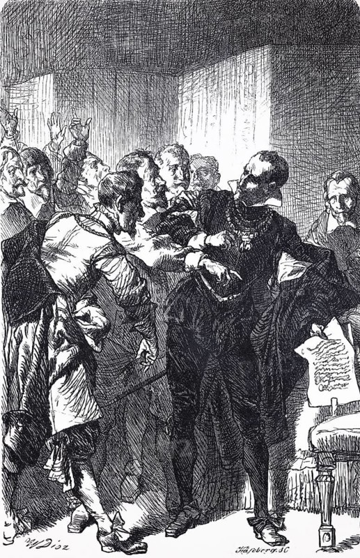 Meeting near Prague, fate of Bohemia, Friedrich Schiller, chronicle of the Thirty Years' War, history, poet, writer, history, history of war, Europe, Holy Roman Empire, confessional war, religious war, politics, power struggle, emperor, imperial states, Protestantism, Catholicism, Peace of Westphalia, Wallenstein, diplomacy, 17th century, enlightenment, historical source, literature, German Cultural Heritage, Analysis, Negotiation, Historical Illustration 1876