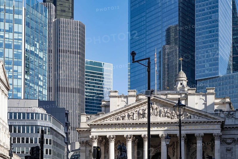 London, UK. February 25th 2026. The Royal Exchange building flanked by Threadneedle Street and Bank Junction in the heart of the City of London, financial and commercial heart of the capital, UK