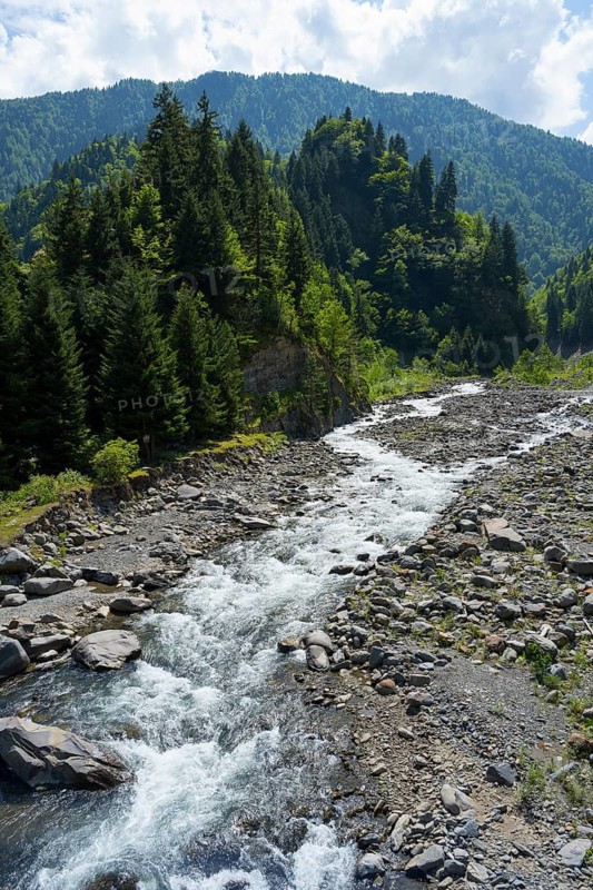A stream flows through a rocky landscape surrounded by dense, green forests, landscape near Lentekhi, Tscheniszqali River, Racha-Lechkhumi region and Lower Svaneti, Georgia