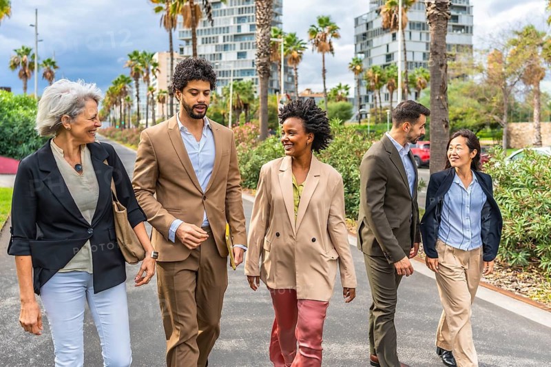 Group of multi-ethnic business people walking along the city after work