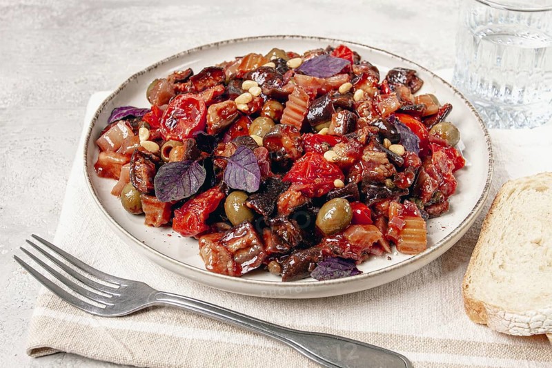 A plate of Sicilian caponata, vegetable stew, Italian cuisine, homemade, no people