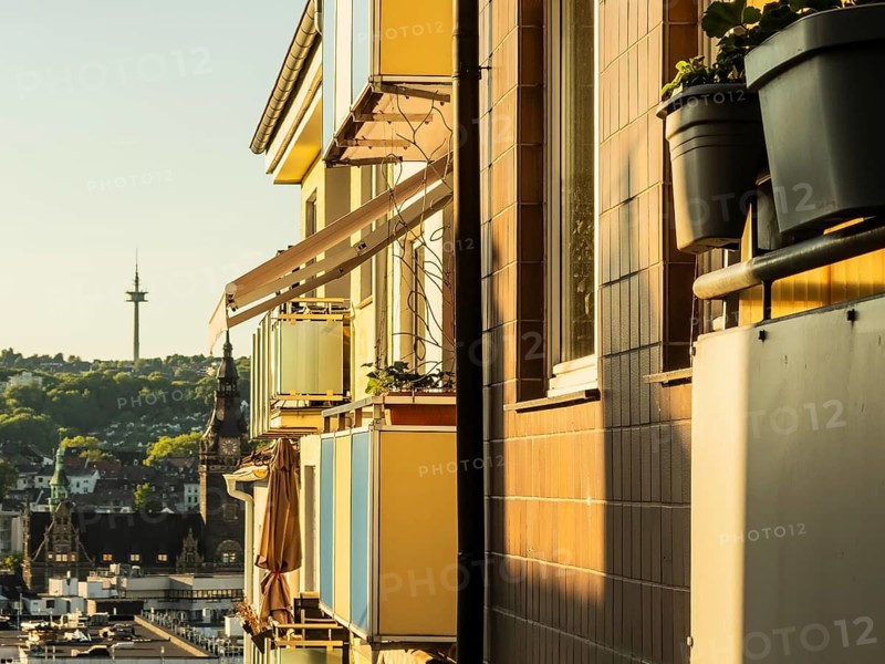 Balcony of a block of flats in the evening light in Wuppertal, Germany