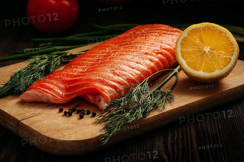 Fresh salmon piece on wooden cooking board with vegetables