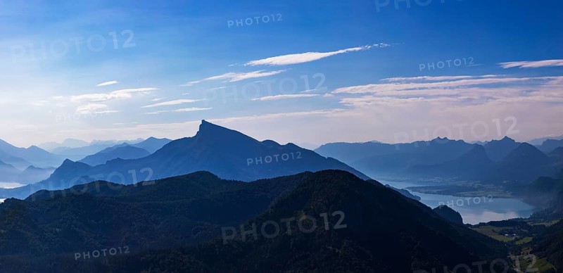 Mountain silhouette, view from Schober to Schafberg and Wolfgangsee, Osterhorn group, Salzkammergut, Salzburg province, Austria