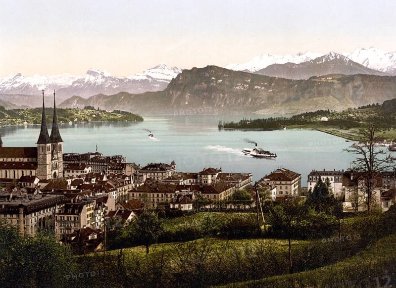 The Alps, Lucerne, Switzerland, Historical, digitally restored reproduction from a 19th century original, Record date not stated