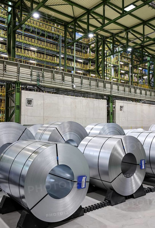 Dortmund, North Rhine-Westphalia, Germany, ThyssenKrupp Steel, FBA 10 hot-dip galvanising line 10, on the site of the Westfalenhütte, steel sheets are hot-dip galvanised here, the finished steel coils are ready for rail transport directly to the end customer in the automotive industry. The new thyssenkrupp plant has the gas consumption of a medium-sized city. The material that is processed in Dortmund is transported by rail from the blast furnace site in Duisburg
