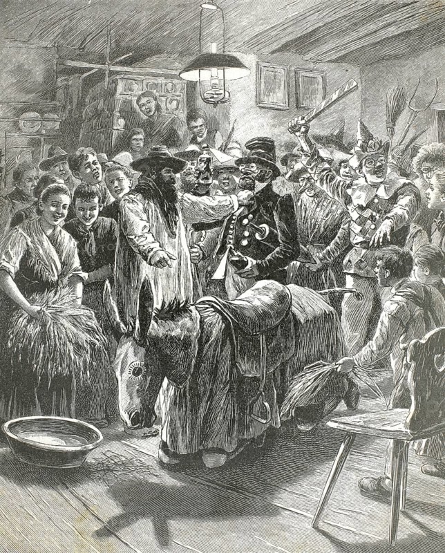 The custom of the ‘Anklöpfelesel' or ‘Klöpfelesel'. At the centre is a person dressed as a donkey or a wooden frame on which another figure is riding. This donkey goes from house to house to make a racket, demand gifts and drive away the evil spirits of the winter solstice. The parlour is full of costumed figures and villagers. At the centre stands a person dressed as a donkey (or a wooden frame), demanding gifts and driving away the evil spirits of the winter solstice.The characters: The room is full of costumed figures and villagers, an authentic, high-resolution reproduction of a 19th-century original, exact date of the depiction unknown, historical